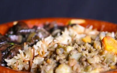 Lentils with mushroom ragout and pickled lemon