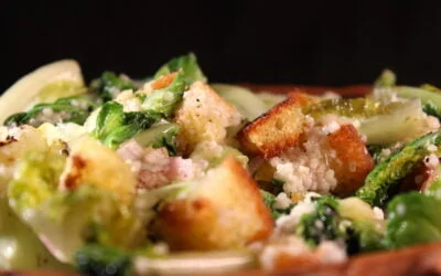 Fried romaine lettuce with lemon, ouzo, barley and croutons