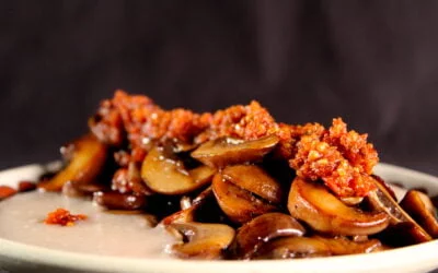 Mushrooms, lima bean puree and spicy tomato paste