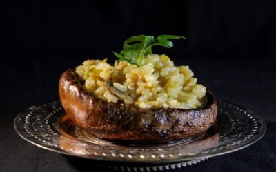 Portabello filled with risotto of leek and funghi porcini
