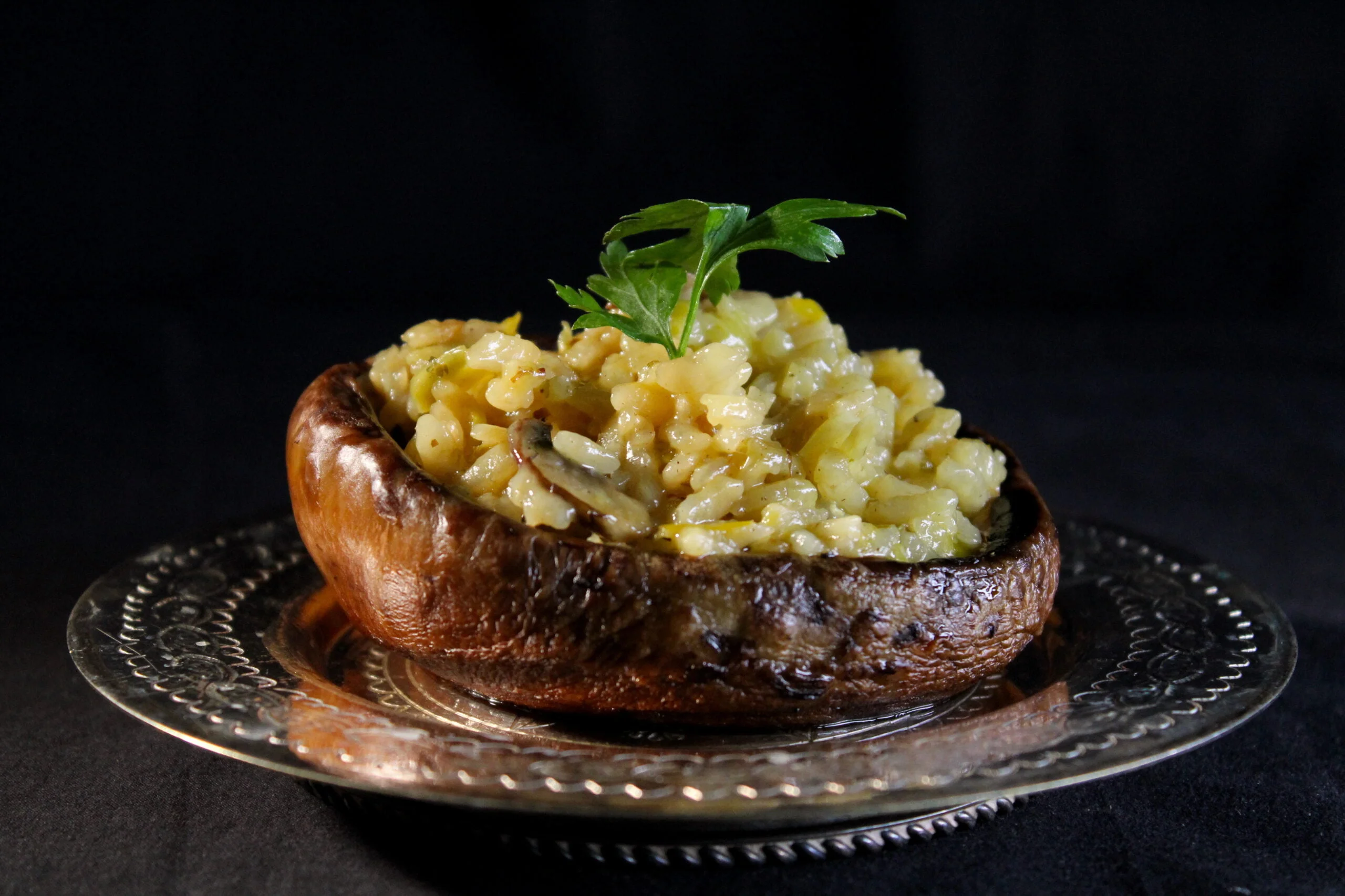 Portabello filled with risotto of leek and funghi porcini