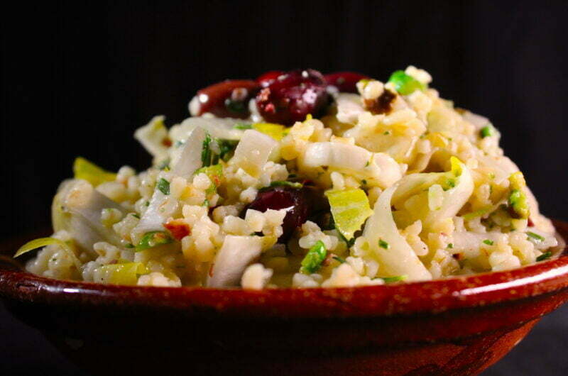 Bulgur chicory salad with kalamata olives and pistachio