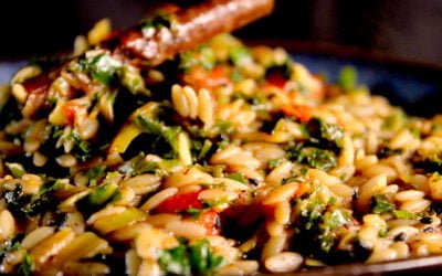 Exciting and unctuous orzo with kale, tomato and more…