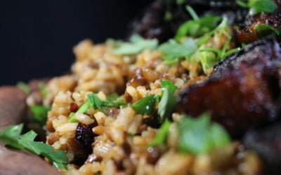 Rice with lentils and harissa eggplant