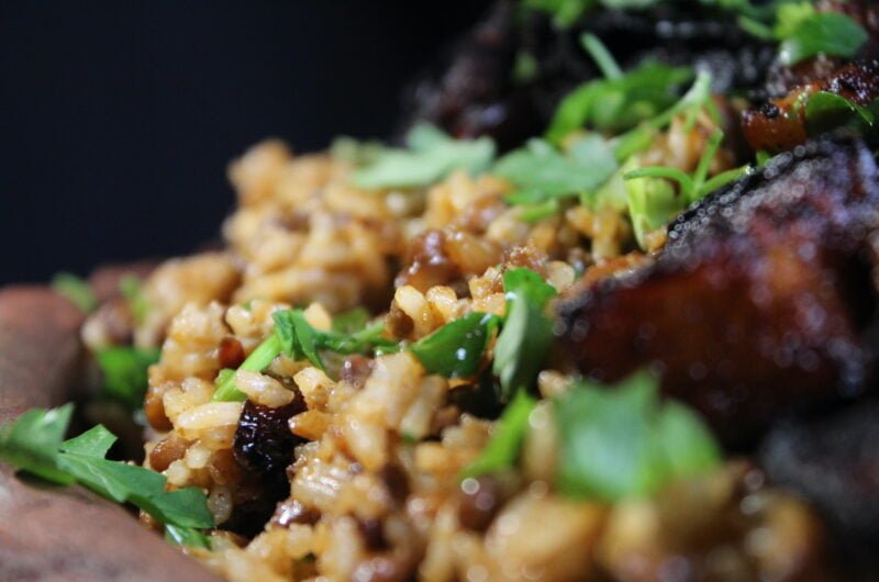 Rice with lentils and harissa eggplant