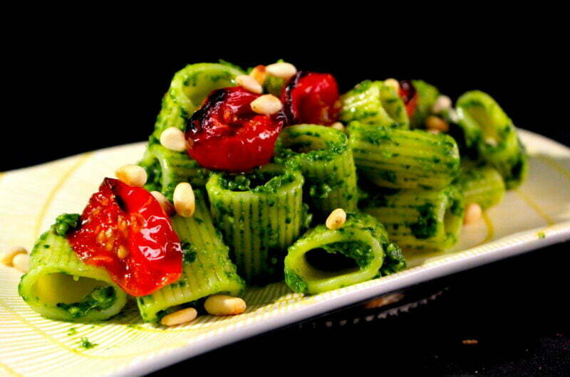 Pasta with a velvety green sauce and oven tomatoes