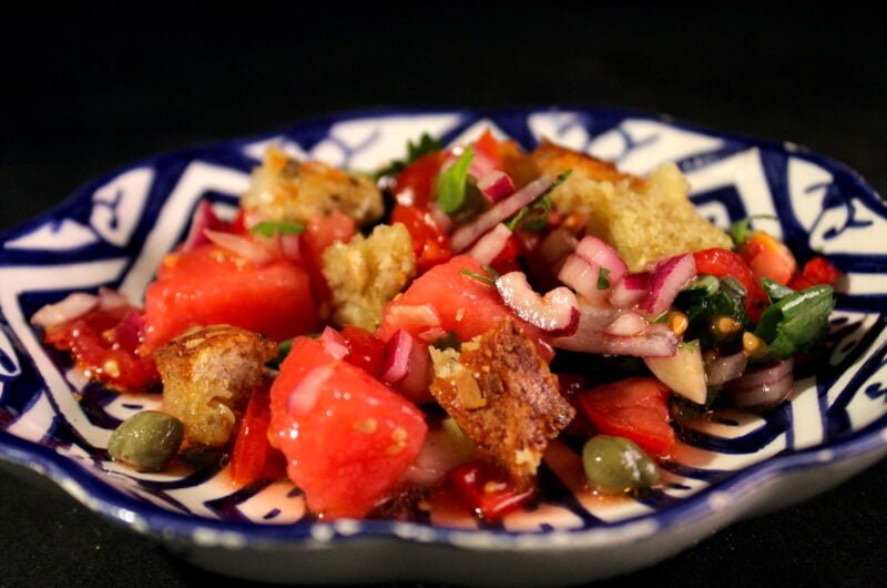 Watermelon tomato salad with capers and baked bread