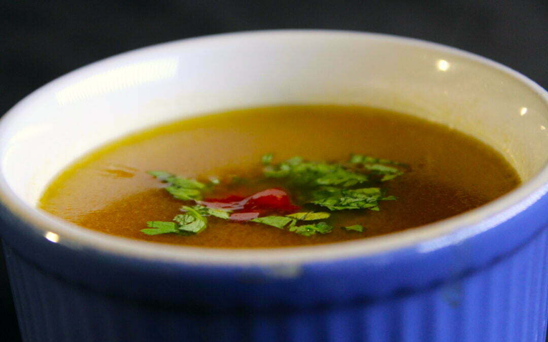 Garlic saffron soup with harissa