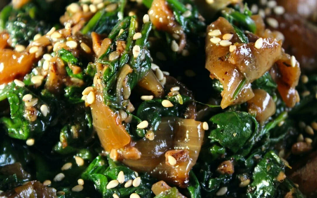 Spinach with za’atar chestnut mushrooms