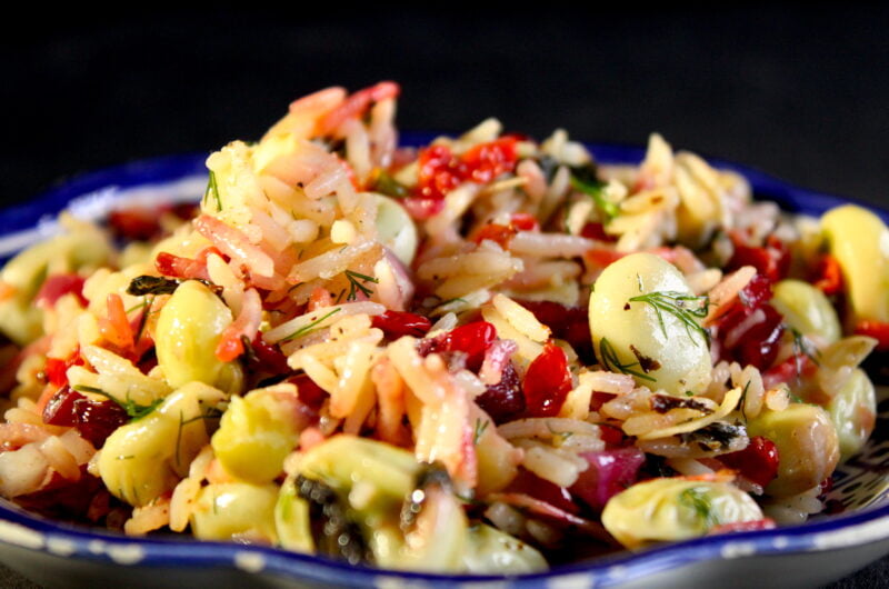 Rice salad of broad beans, sourberries, cranberries and dill