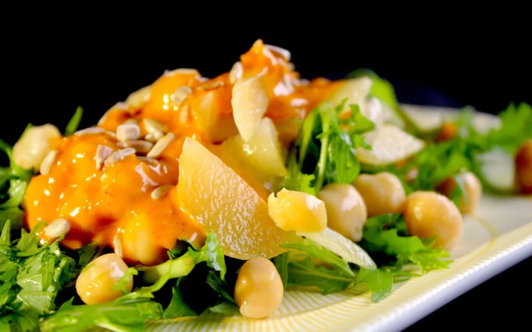 Mizuna, pear and chickpea salad with rose harissa