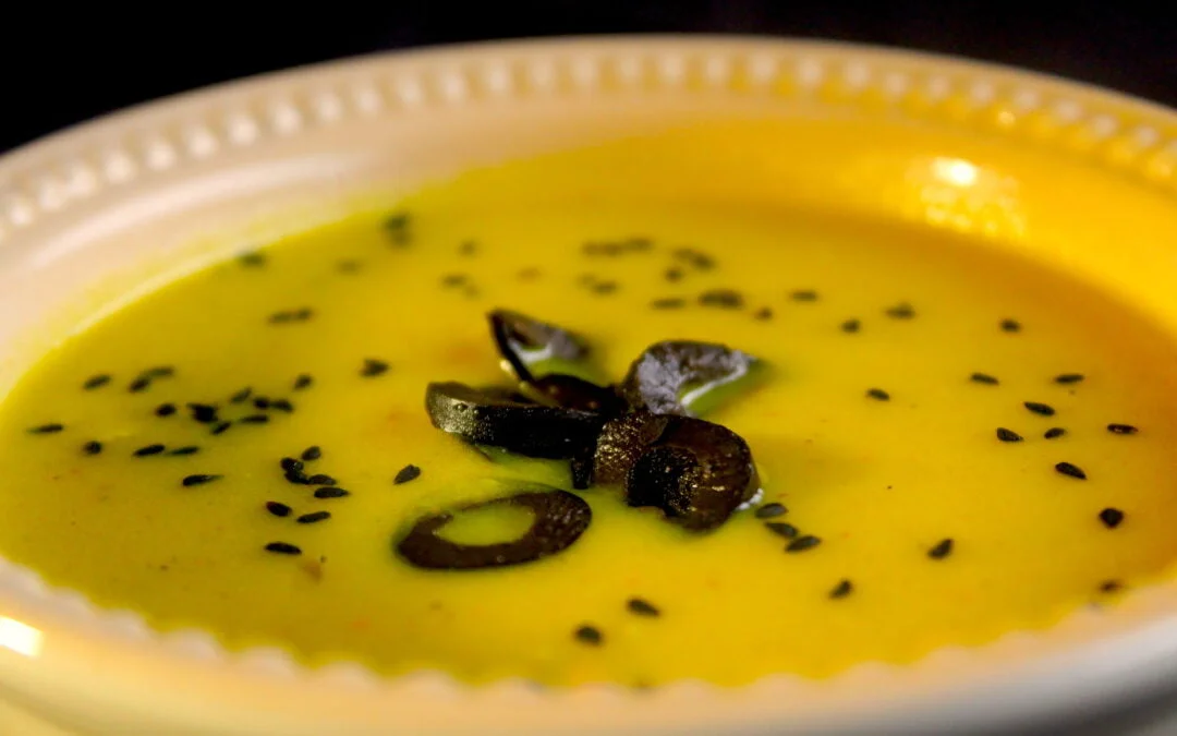 Fennel soup with pickled lemon and black olives