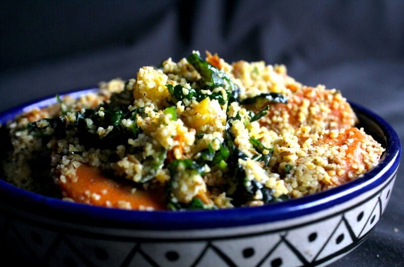 Couscous salad with seasoned carrot and palm cabbage