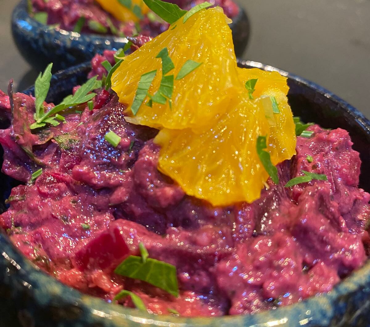 Beetroot salad with walnut-date pesto and orange