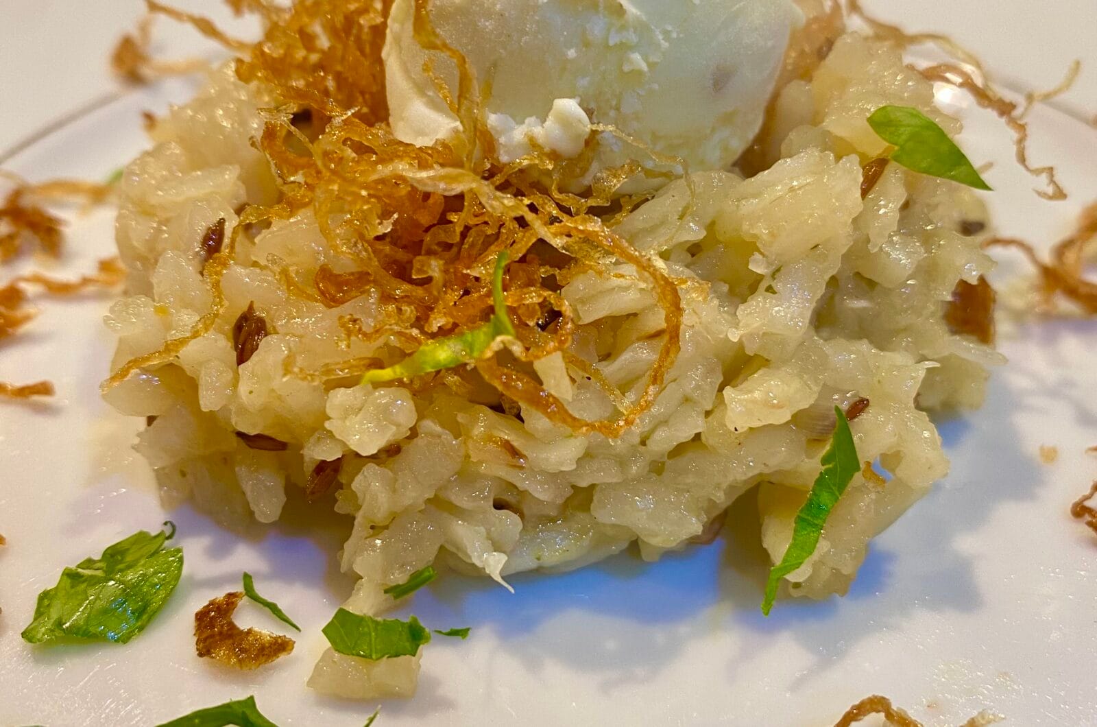 Risotto with caraway seeds, fried sauerkraut and mustard (ice cream)