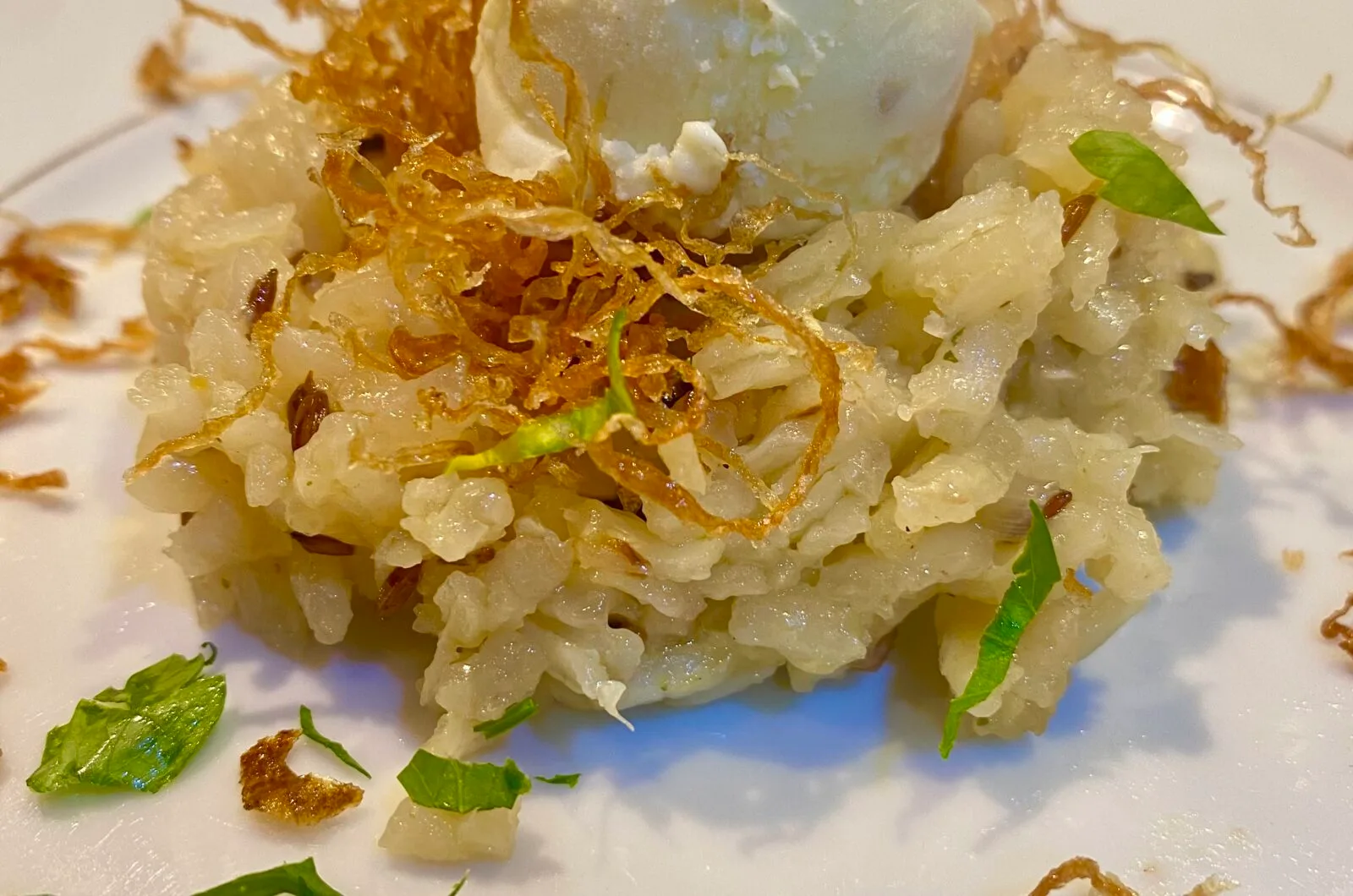 Risotto met karwijzaad, gefrituurde zuurkool en mosterd(ijs)