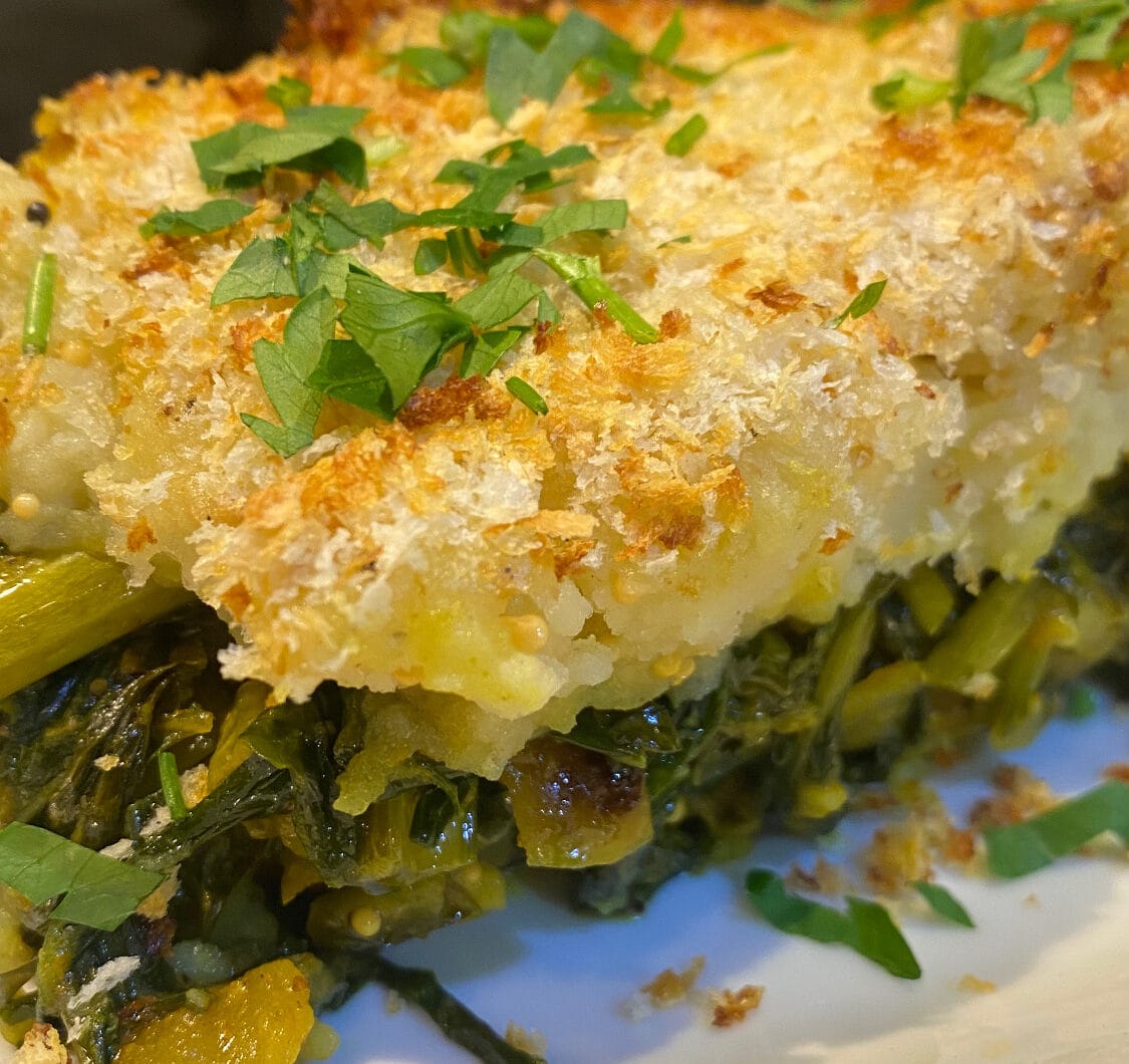 Moroccan gratin of mashed potatoes and Groningen blue-cut puree (or spinach/endive)